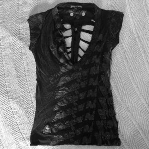 Rocker black skeleton back asymmetrical fitted tee